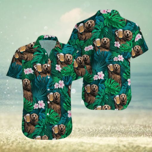 Bear Drinking Beer Green Tropical Unisex Hawaiian Shirts