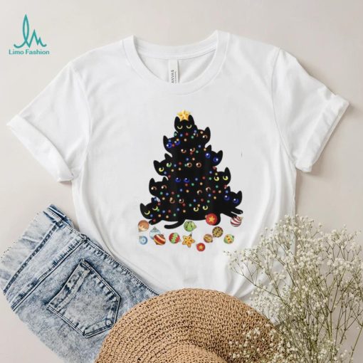 Black Cat Christmas Tree Light Funny Cat Lover Christmas Unisex Shirt