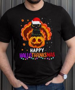 Black Cat Halloween And Merry Christmas Happy Hallothanksmas Shirt