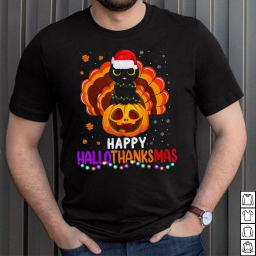 Black Cat Halloween And Merry Christmas Happy Hallothanksmas Shirt
