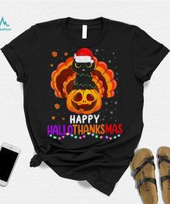 Black Cat Halloween And Merry Christmas Happy Hallothanksmas Shirt