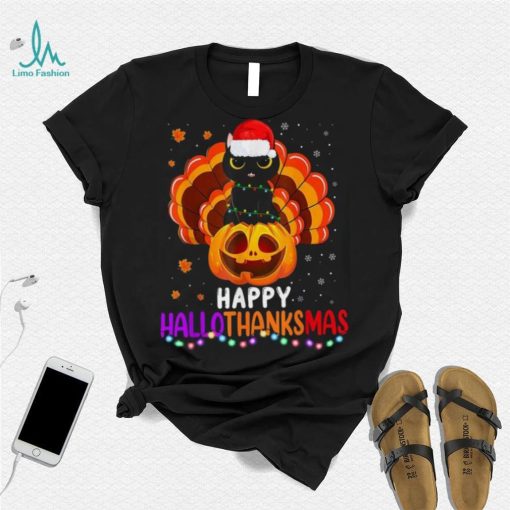 Black Cat Halloween And Merry Christmas Happy Hallothanksmas Shirt
