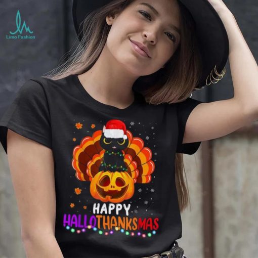 Black Cat Halloween And Merry Christmas Happy Hallothanksmas Shirt