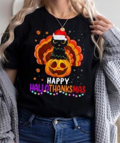 Black Cat Halloween And Merry Christmas Happy Hallothanksmas Shirt