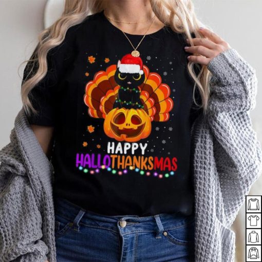 Black Cat Halloween And Merry Christmas Happy Hallothanksmas Shirt