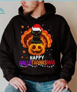 Black Cat Halloween And Merry Christmas Happy Hallothanksmas Shirt