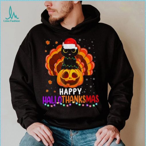 Black Cat Halloween And Merry Christmas Happy Hallothanksmas Shirt