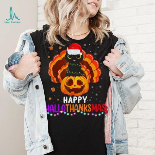 Black Cat Halloween And Merry Christmas Happy Hallothanksmas Shirt