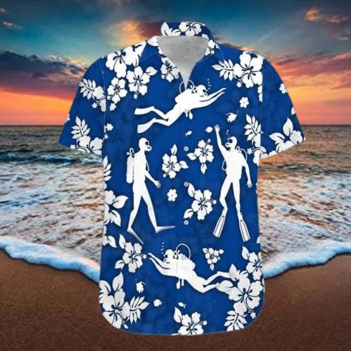 Blue Scuba Diving Hibiscus Unisex Hawaiian Shirts