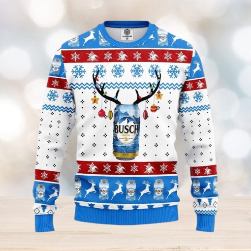 Busch Beer Ugly Knitted Christmas Sweater Reindeer Horns Lights