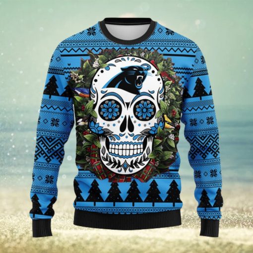 Carolina Panthers Skull Flower Ugly Christmas Ugly Sweater