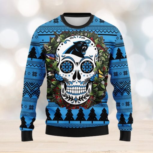 Carolina Panthers Skull Flower Ugly Christmas Ugly Sweater