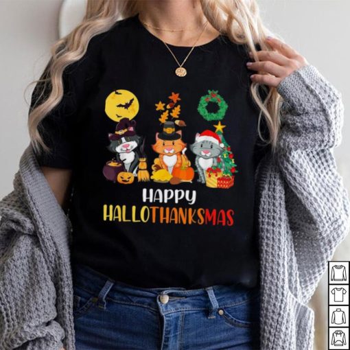 Cat Halloween Christmas Happy Hallothanksmas Thanksgiving Shirt
