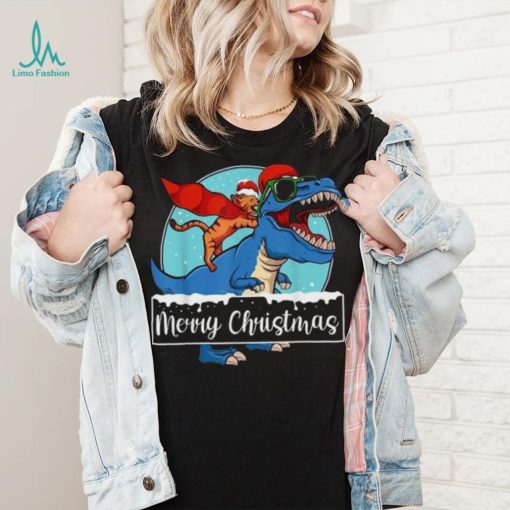 Cat Riding Dinosaur Christmas Pajama Cute T Rex Santa Hat Shirt