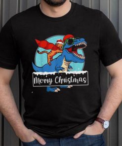 Cat Riding Dinosaur Christmas Pajama Cute T Rex Santa Hat Shirt