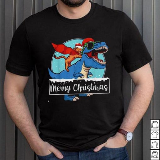 Cat Riding Dinosaur Christmas Pajama Cute T Rex Santa Hat Shirt