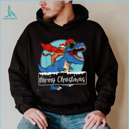 Cat Riding Dinosaur Christmas Pajama Cute T Rex Santa Hat Shirt