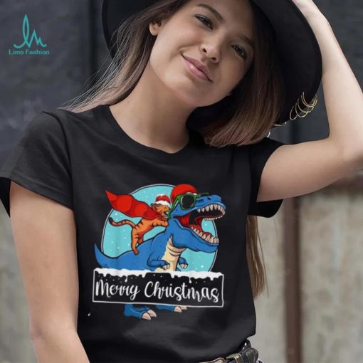 Cat Riding Dinosaur Christmas Pajama Cute T Rex Santa Hat Shirt