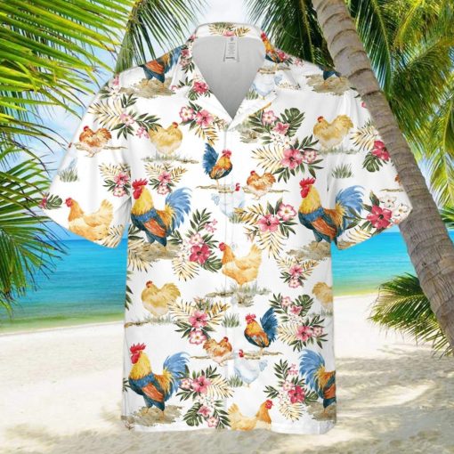 Chicken Rooster Shirt Tropical Flowers Pattern Hawaiian Shirt Summer Gift For Men And Women