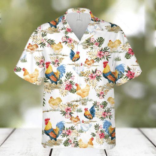 Chicken Rooster Shirt Tropical Flowers Pattern Hawaiian Shirt Summer Gift For Men And Women