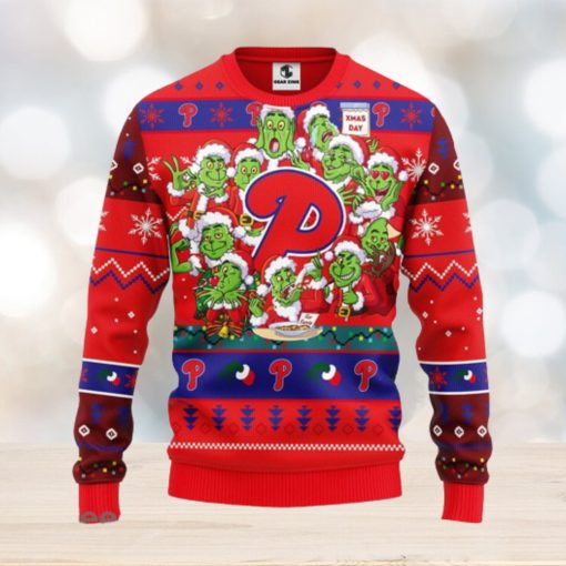 Christmas Gift MLB Philadelphia Phillies Cute 12 Grinch Face Xmas Day Men And Women Ugly Christmas Sweater