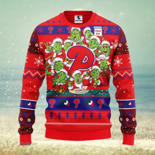 Christmas Gift MLB Philadelphia Phillies Cute 12 Grinch Face Xmas Day Men And Women Ugly Christmas Sweater