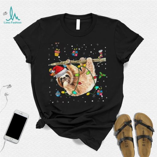 Christmas Sloth Santa Hat Lights Ornaments Xmas Men Women Shirt