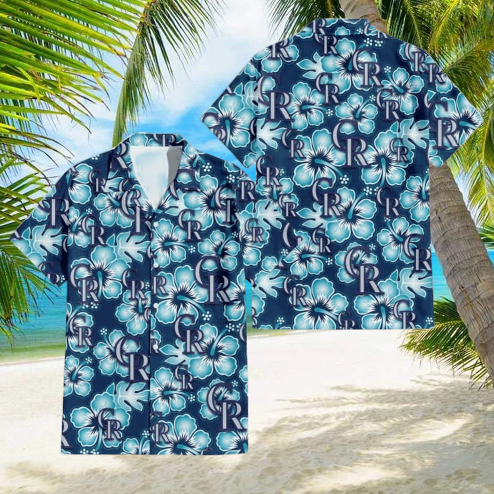 Colorado Rockies Dark Turquoise Hibiscus Navy Background 3D Hawaiian Shirt  - Limotees