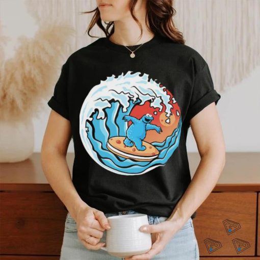 Cookie Monster surfing a great wave logo shirt