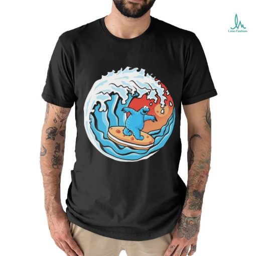 Cookie Monster surfing a great wave logo shirt