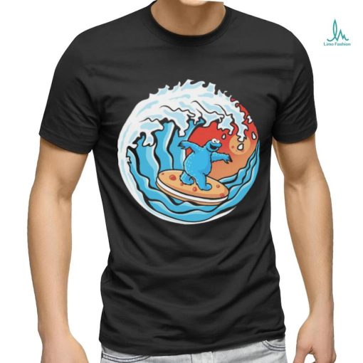 Cookie Monster surfing a great wave logo shirt