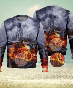 Cool Fire Burning Motorcycle Biker 3D Full Print Ugly Sweater Christmas Gift Sweater