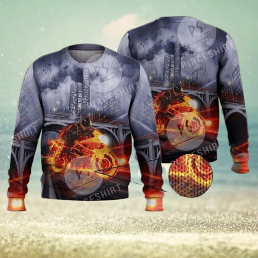 Cool Fire Burning Motorcycle Biker 3D Full Print Ugly Sweater Christmas Gift Sweater