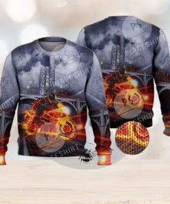 Cool Fire Burning Motorcycle Biker 3D Full Print Ugly Sweater Christmas Gift Sweater