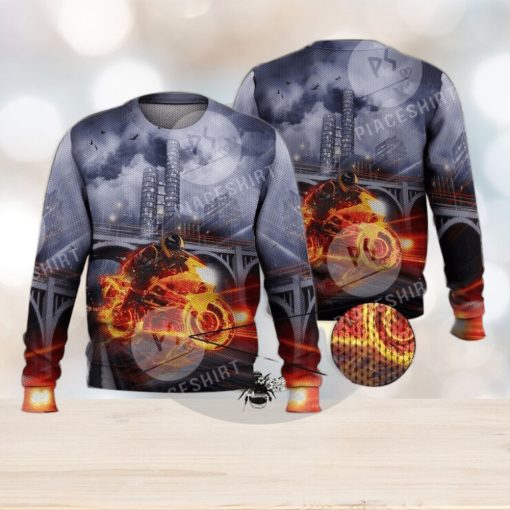 Cool Fire Burning Motorcycle Biker 3D Full Print Ugly Sweater Christmas Gift Sweater