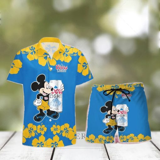 Coors Light Beer Mickey Mouse Hibicus Flower Gift Hawaiian Set Shirt