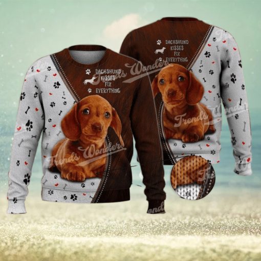 Dachshund Kisses Fix Everything Brown Cute 3D Full Print Ugly Sweater Christmas Gift Sweater