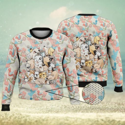 Dogs On Pink And Blue Birds Background Full Print 3D Ugly Sweater Christmas Gift Sweater