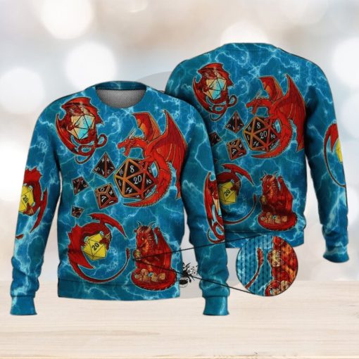 Dragon Plaing Dice Blue 3D Full Print Ugly Sweater Christmas Gift Sweater