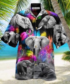 Elephant Grey Elepant With Colorful And Black Hawaiian Shirt