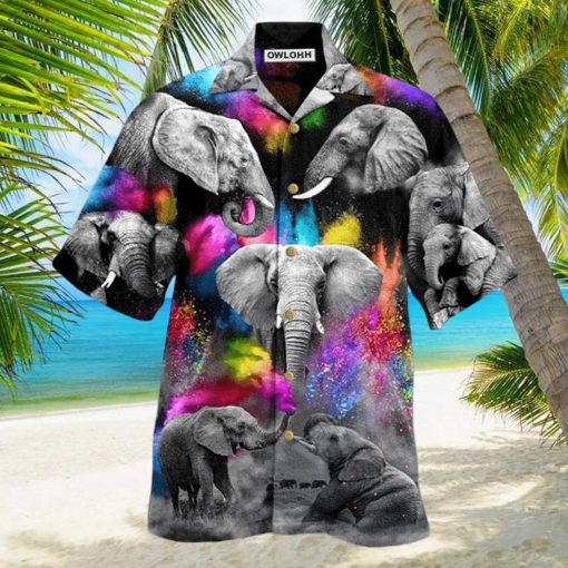 Elephant Grey Elepant With Colorful And Black Hawaiian Shirt