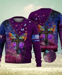 Faith Cross Floral Purple Butterfly Starry Galaxy 3D Full Print Ugly Sweater Christmas Gift Sweater