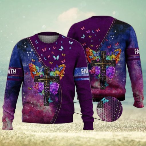 Faith Cross Floral Purple Butterfly Starry Galaxy 3D Full Print Ugly Sweater Christmas Gift Sweater