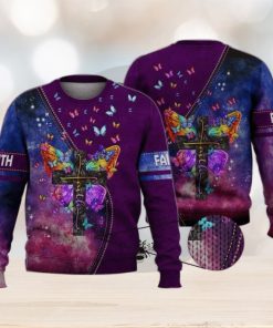 Faith Cross Floral Purple Butterfly Starry Galaxy 3D Full Print Ugly Sweater Christmas Gift Sweater