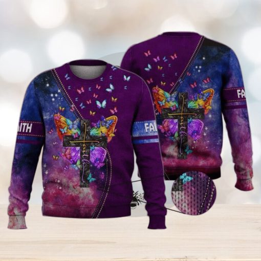 Faith Cross Floral Purple Butterfly Starry Galaxy 3D Full Print Ugly Sweater Christmas Gift Sweater