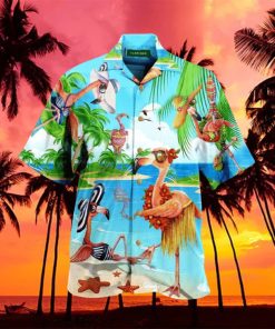 Funny Flamingoes On Beach Tropical Unisex Hawaiian Aloha Shirts