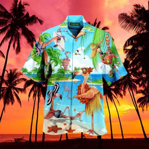 Funny Flamingoes On Beach Tropical Unisex Hawaiian Aloha Shirts