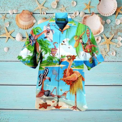 Funny Flamingoes On Beach Tropical Unisex Hawaiian Aloha Shirts