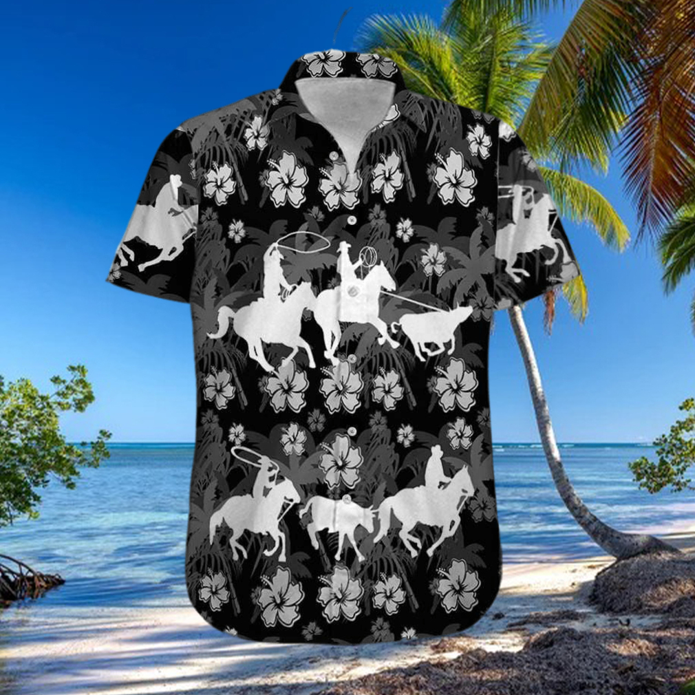 Hawaiian Aloha Shirts Team Roping Black And White Hibiscus