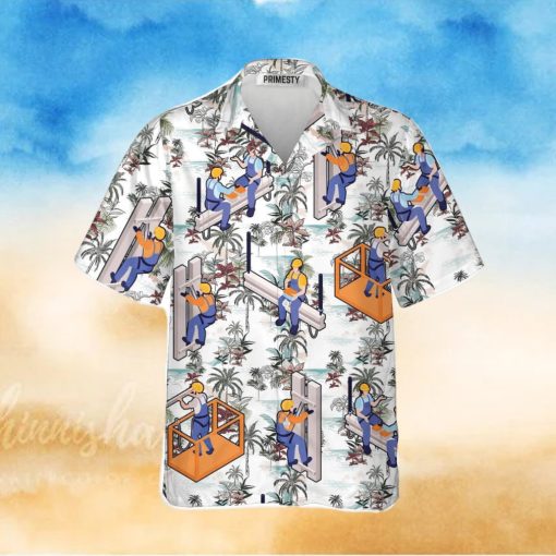 Ironworkers Floral Pattern White Background Ironworker Shirts For Men Ironworker Tropical Hawaiian Shirt